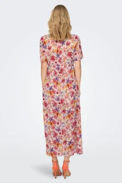 Only Vestido Largo Manga Corta Estampado Rosa Clearance