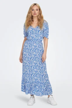 Only Vestido Largo Manga Corta Azul Medio Hot