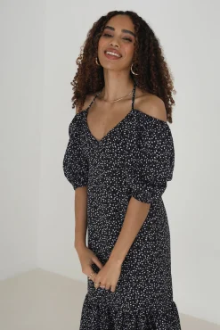 Brave Soul Vestido Mide De Manga Corta Y Estampado De Lunares Negro Sale