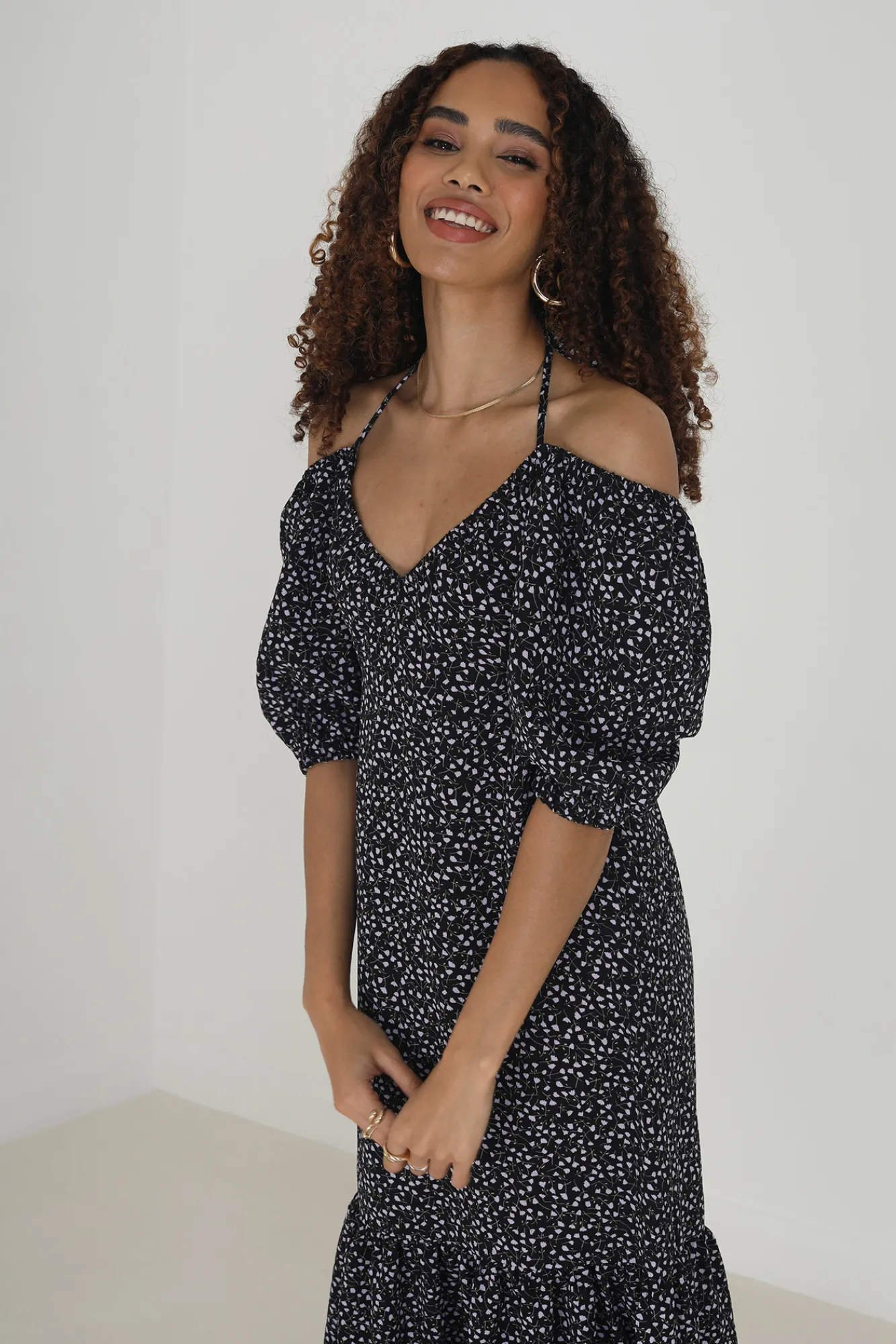 Brave Soul Vestido Mide De Manga Corta Y Estampado De Lunares Negro Sale