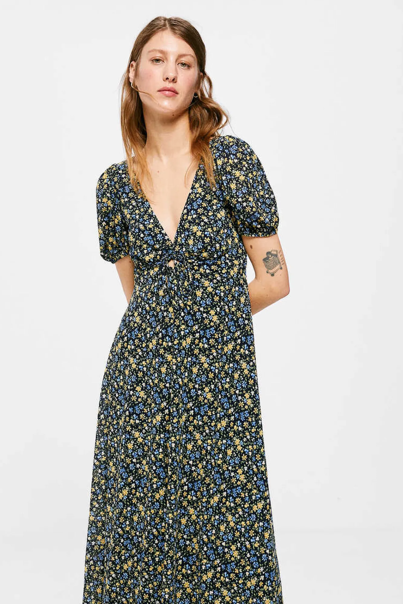 * Vestido Midi Abertura Escote Estampado Azul Sale