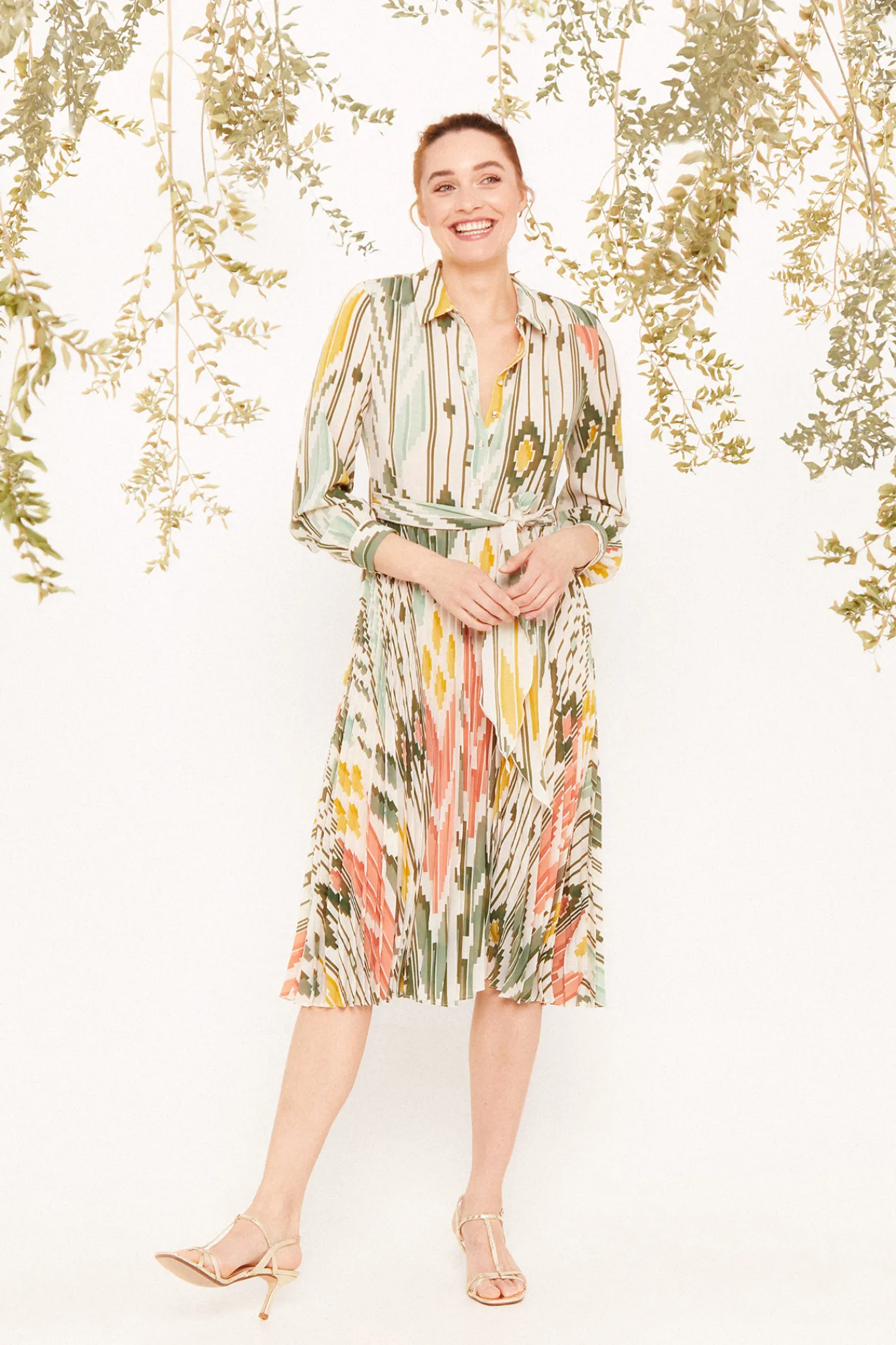 Cortefiel Vestido Midi Camisero Estampado Verde Sale
