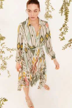 Cortefiel Vestido Midi Camisero Estampado Verde Sale