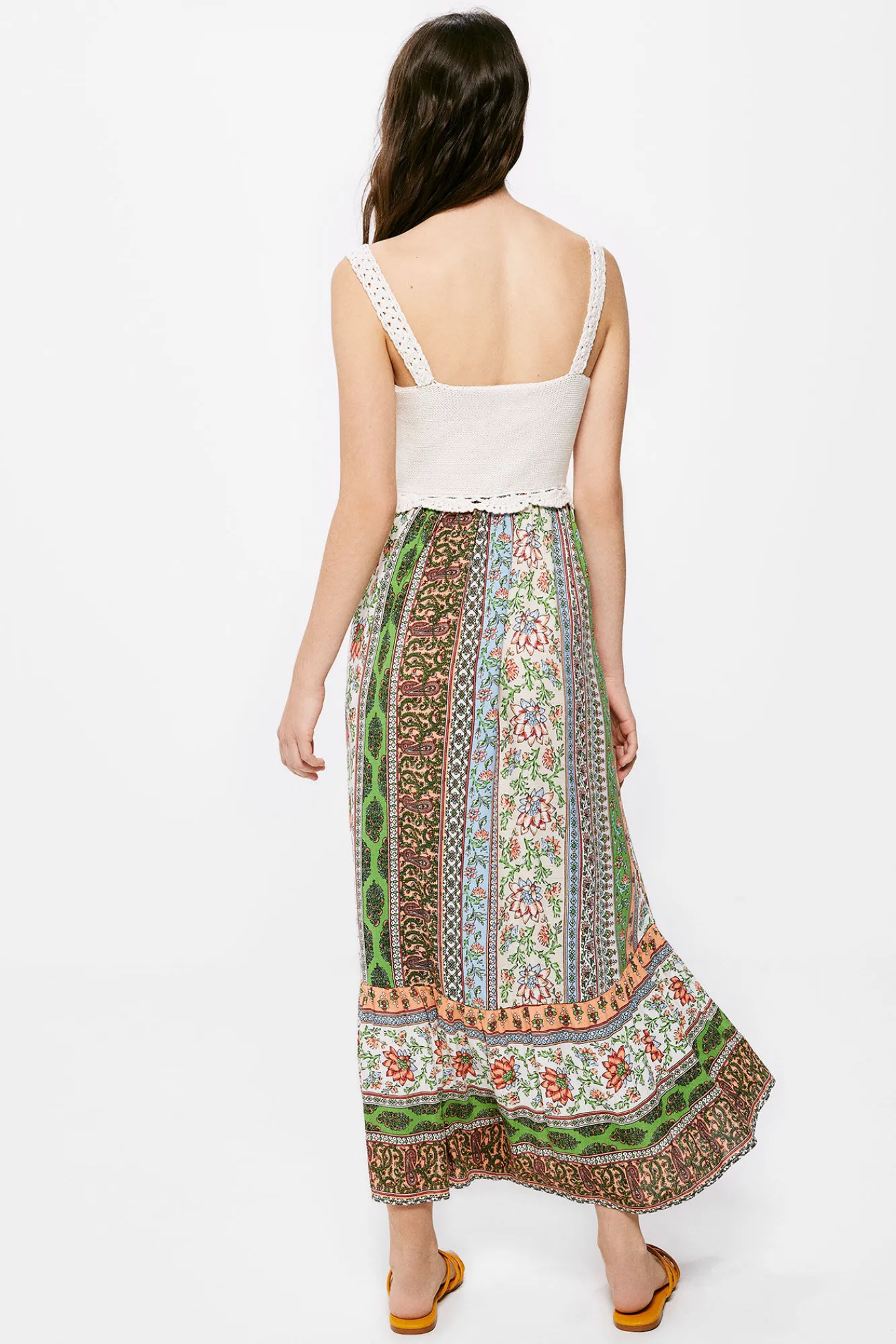 * Vestido Midi Crochet Combinado Marron