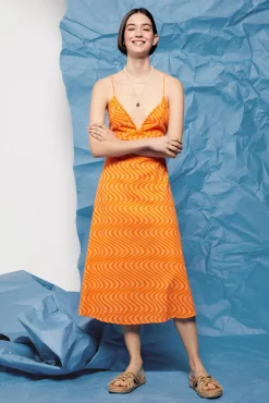 * Vestido Midi Cut Out Espalda Lino Algodon Naranja Discount