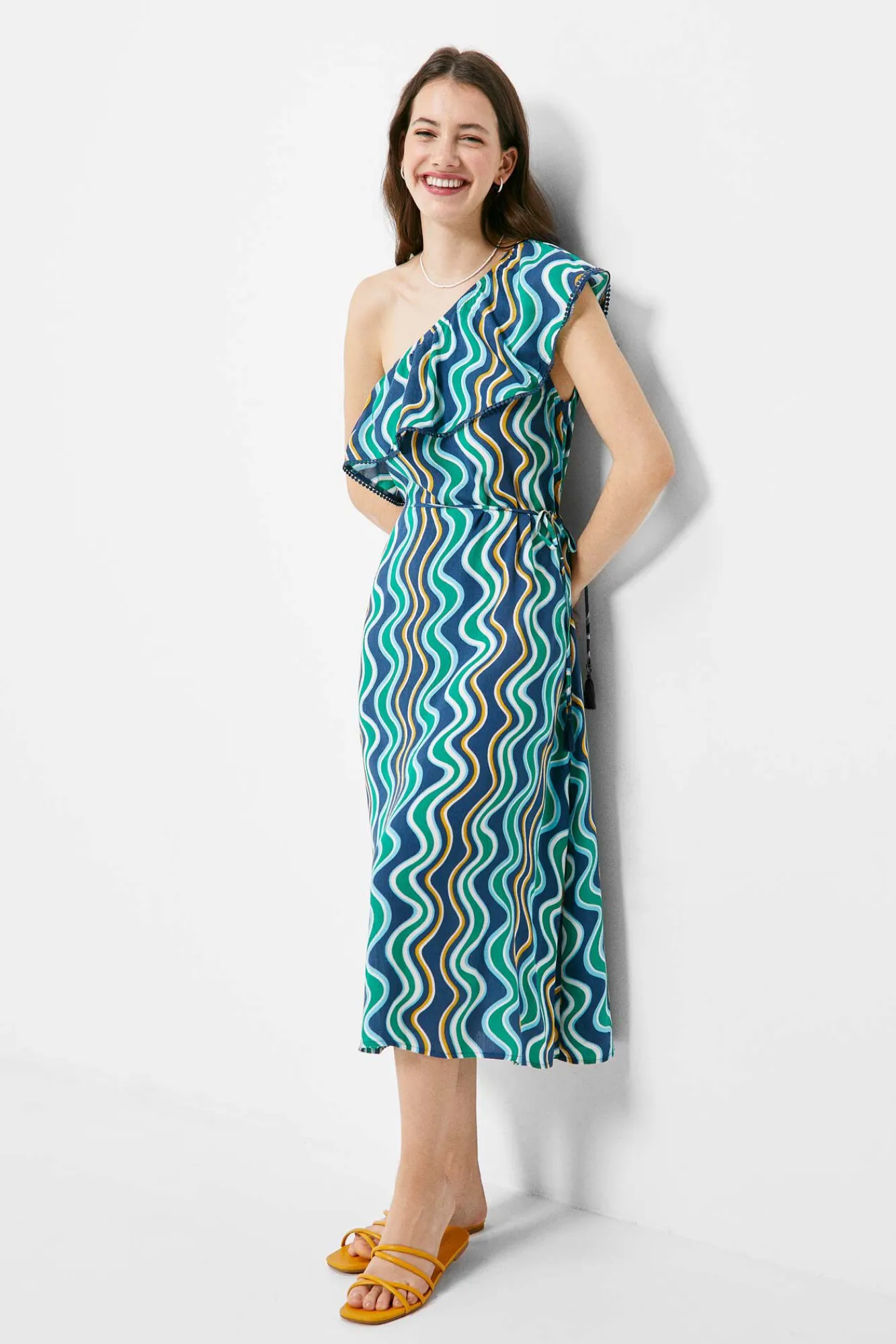 * Vestido Midi Escote Asimetrico Estampado Estampado Azul