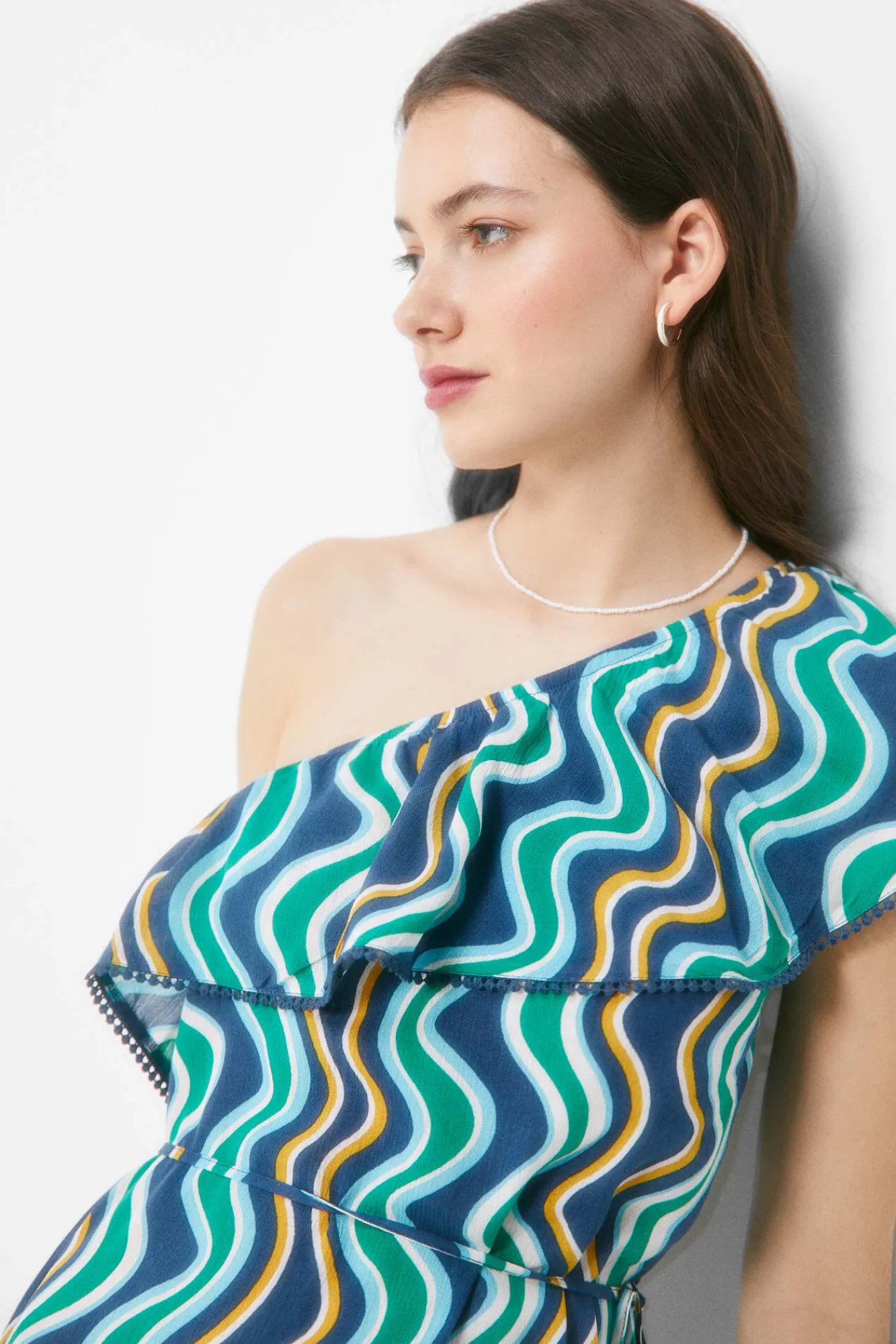 * Vestido Midi Escote Asimetrico Estampado Estampado Azul