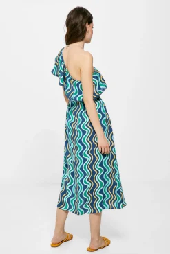 * Vestido Midi Escote Asimetrico Estampado Estampado Azul