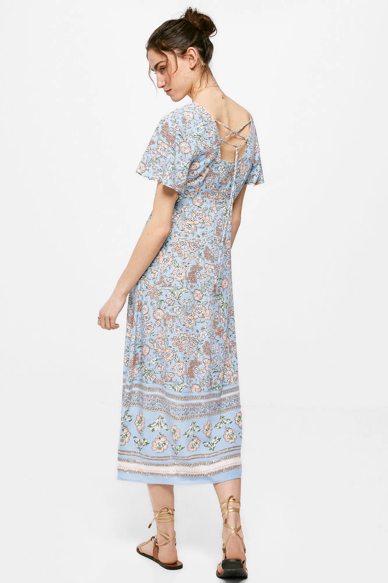 * Vestido Midi Escote Espalda Lazo Estampado Turquesa Outlet