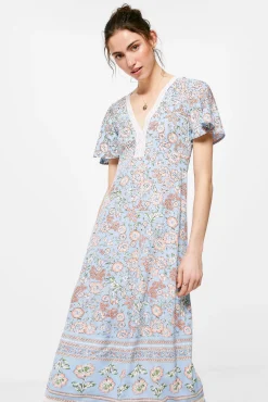 * Vestido Midi Escote Espalda Lazo Estampado Turquesa Outlet