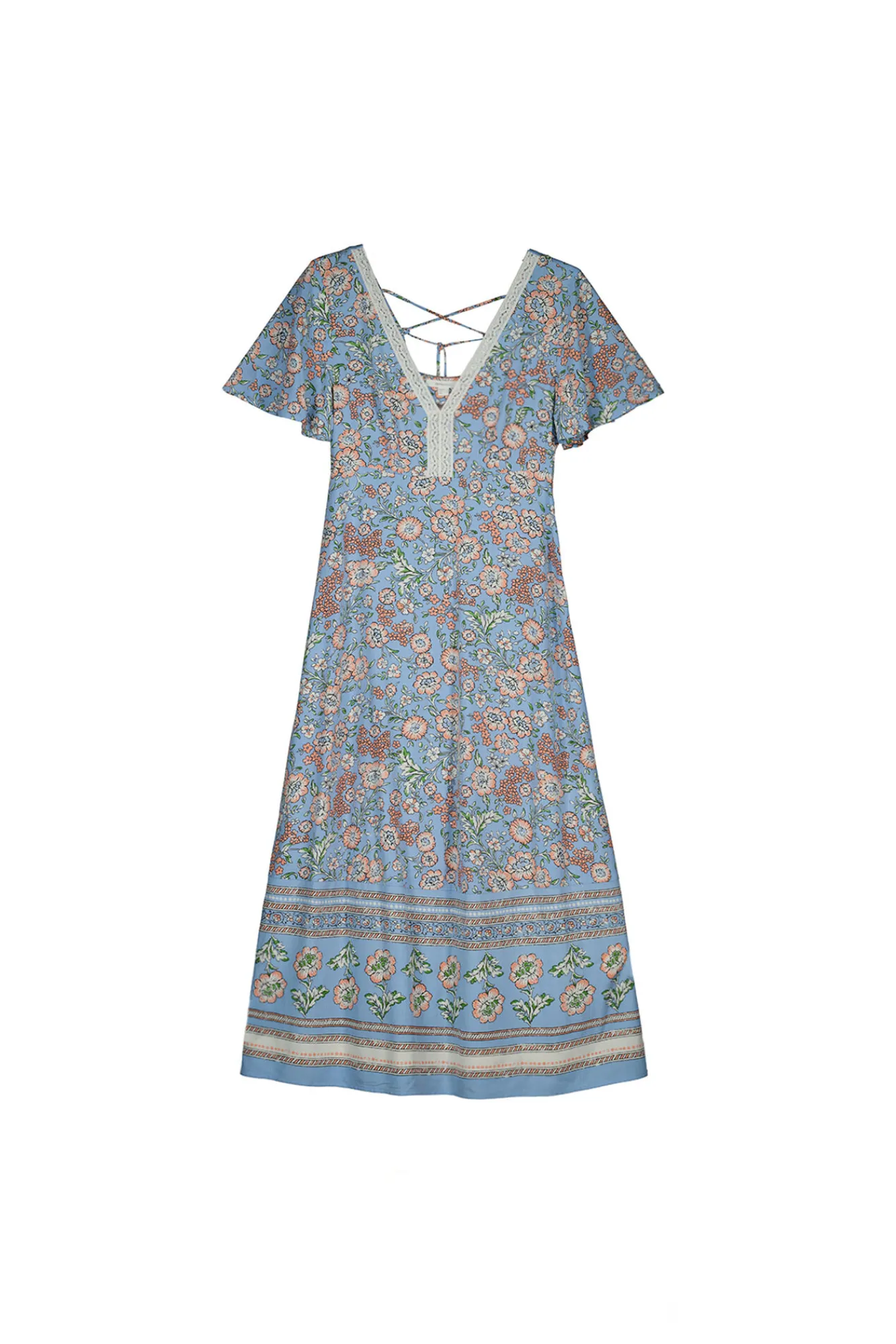 * Vestido Midi Escote Espalda Lazo Estampado Turquesa Outlet