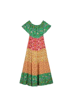 * Vestido Midi Escote Hombros Volante Verde Sale