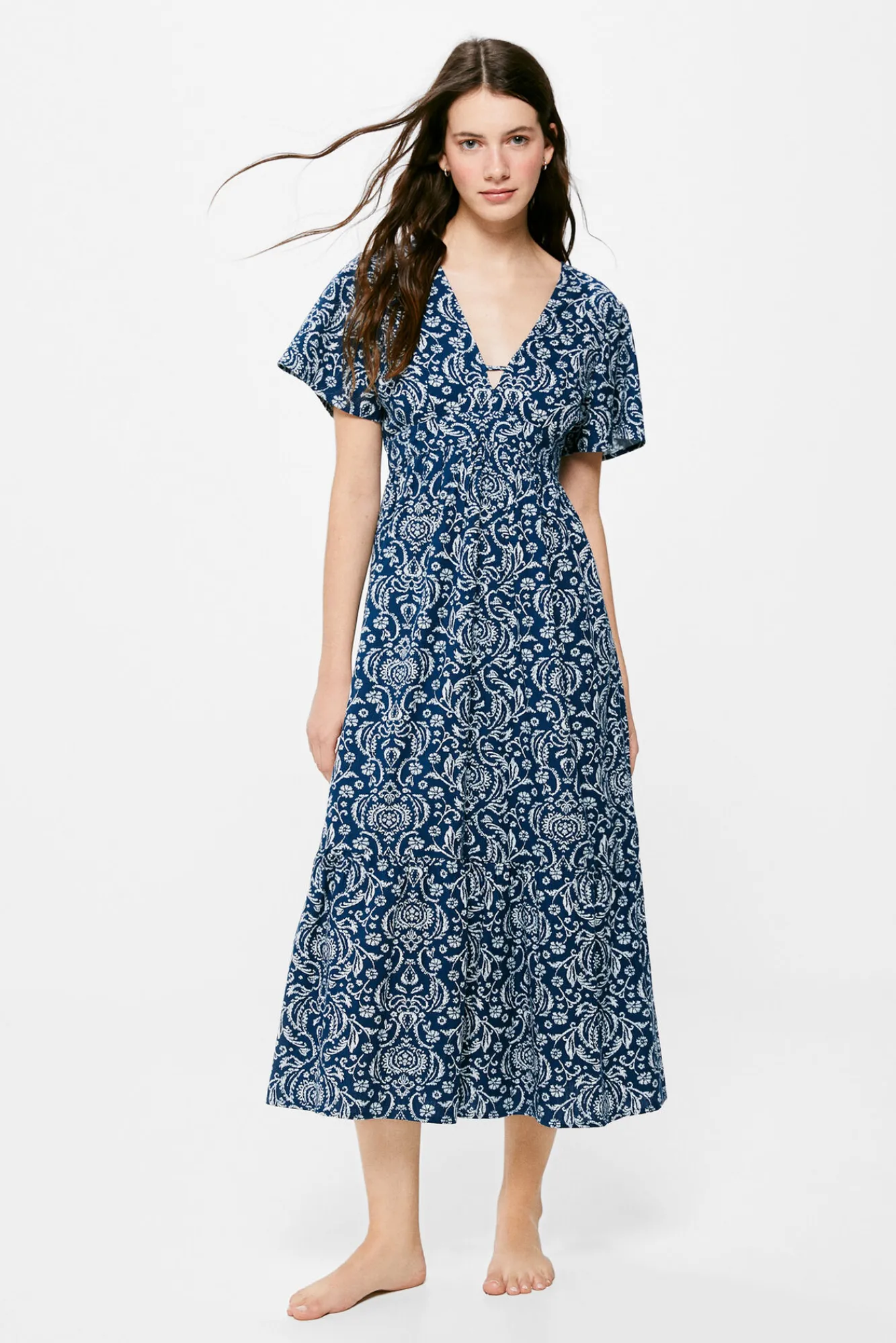 * Vestido Midi Espalda Fantasia Lino Algodon Azul Medio Best