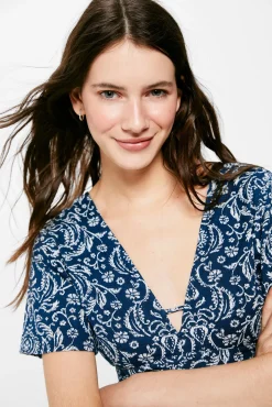 * Vestido Midi Espalda Fantasia Lino Algodon Azul Medio Best