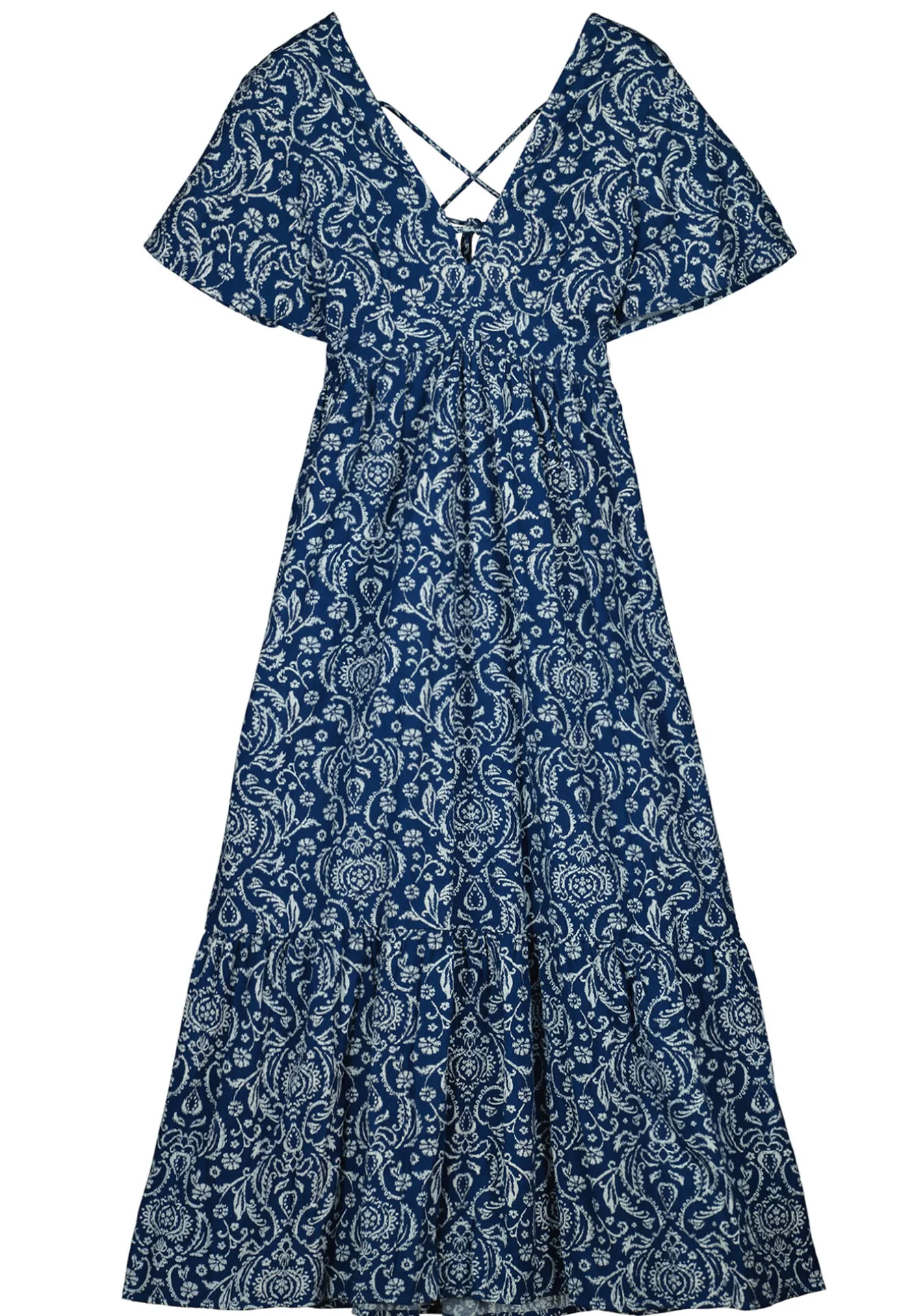 * Vestido Midi Espalda Fantasia Lino Algodon Azul Medio Best