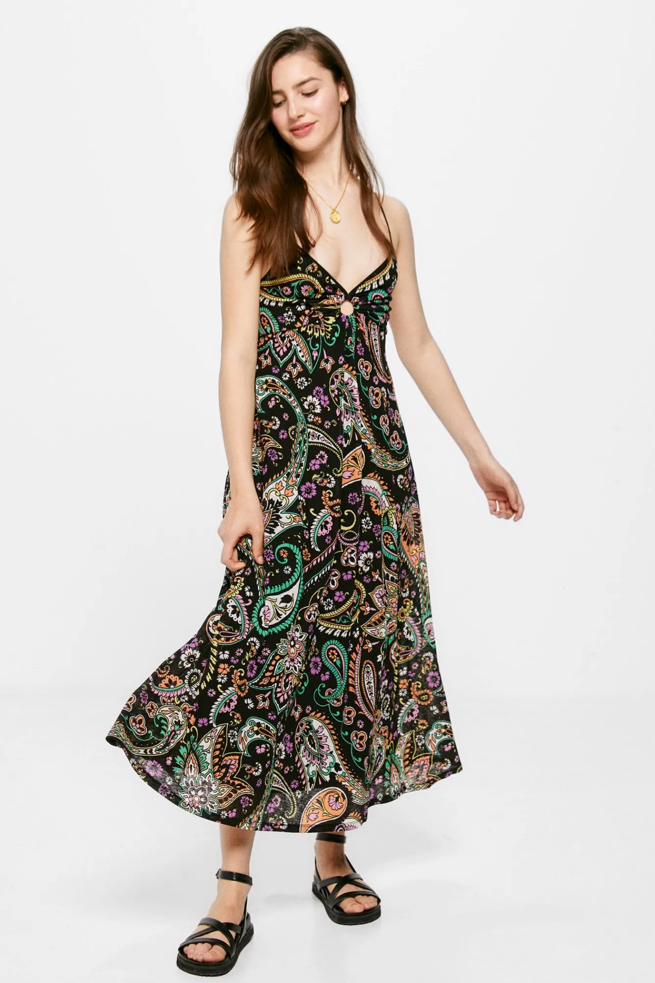 * Vestido Midi Estampado Escote Arandela Negro Sale
