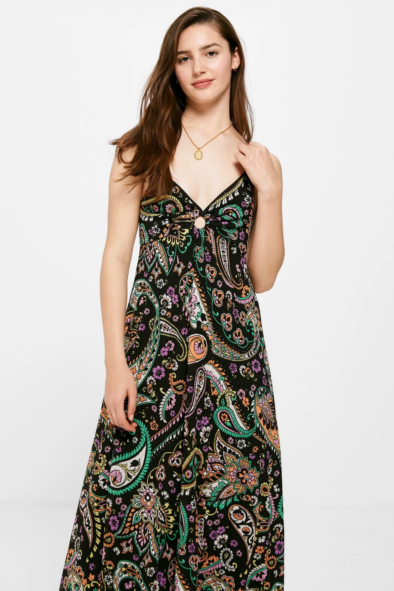 * Vestido Midi Estampado Escote Arandela Negro Sale