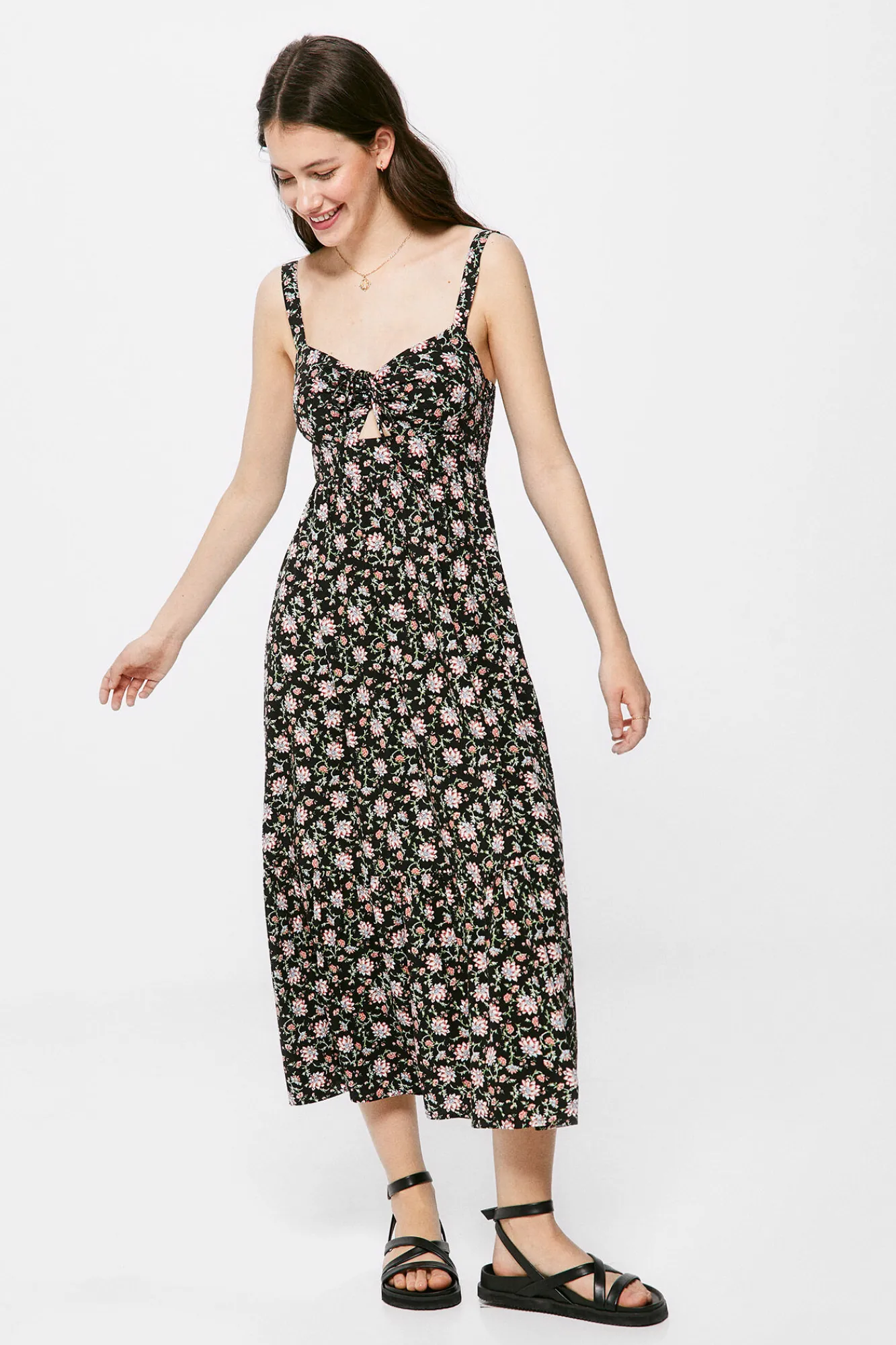 * Vestido Midi Estampado Escote Nudo Negro Discount