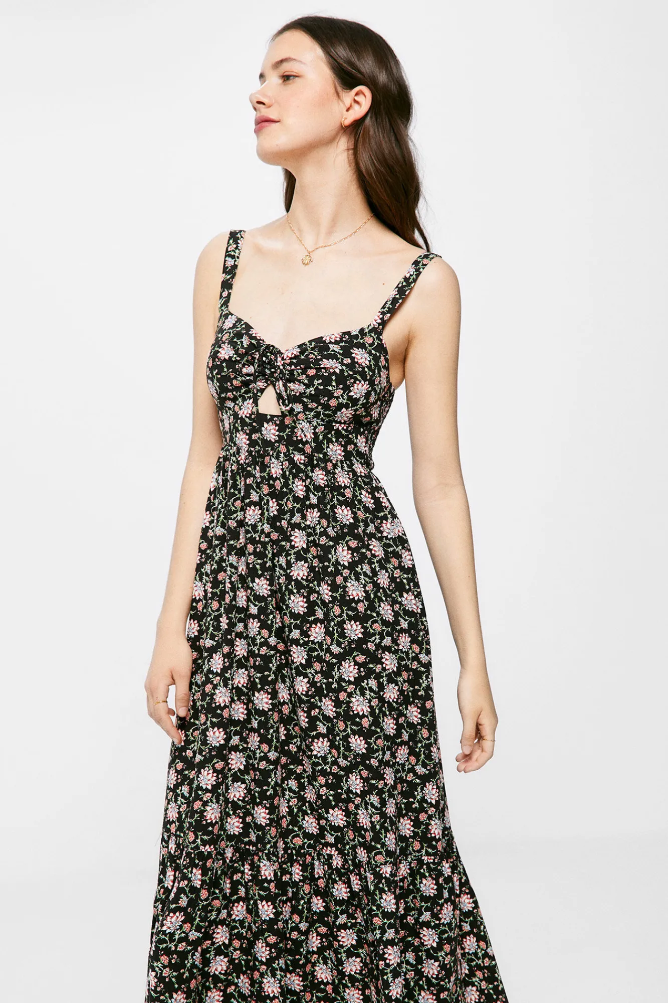 * Vestido Midi Estampado Escote Nudo Negro Discount