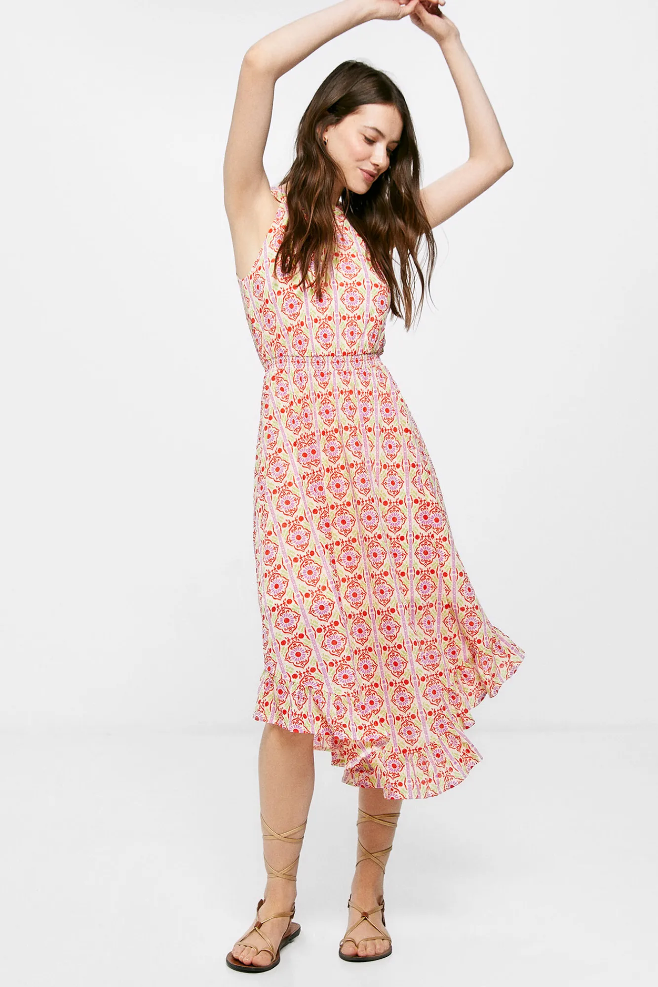 * Vestido Midi Estampado Picos Estamapado Naranja Hot