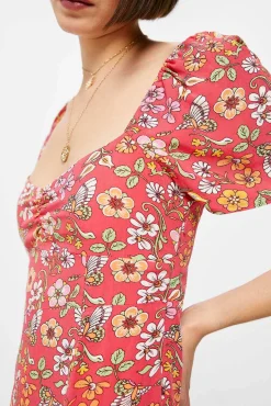* Vestido Midi Frunce Escote Estampado Rojo Online