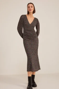 * Vestido Midi Frunces Estampado Dorado Discount