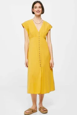 * Vestido Midi Liso Botones Lino Algodon Estampado Amarillo Sale