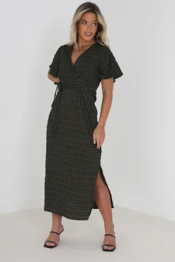 Brave Soul Vestido Midi, Manga Corta Y Print De Cuadros Kaki Oscuro Discount