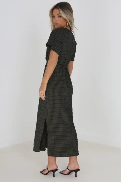 Brave Soul Vestido Midi, Manga Corta Y Print De Cuadros Kaki Oscuro Discount