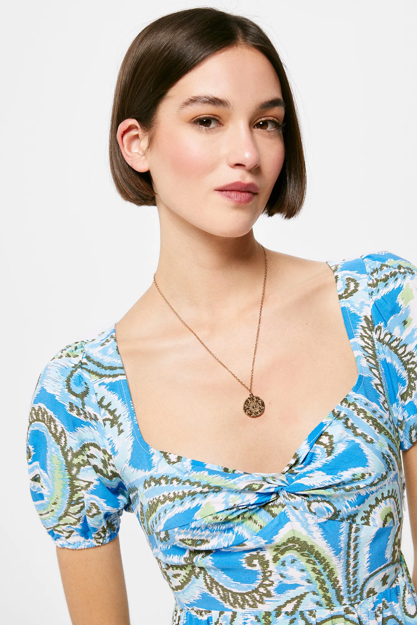 * Vestido Midi Nudo Escote Picos Azul Medio Discount