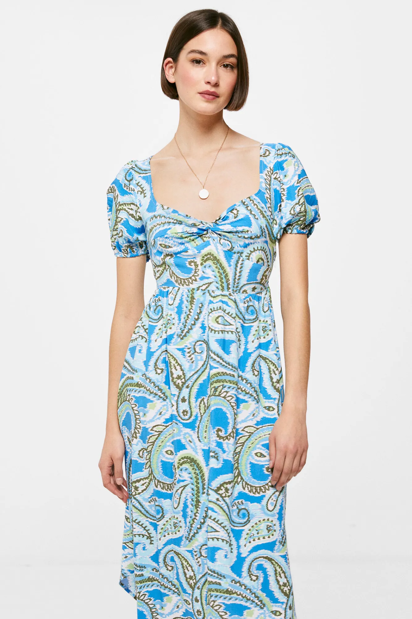 * Vestido Midi Nudo Escote Picos Azul Medio Discount