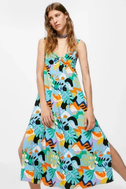 * Vestido Midi Nudo Escote Estampado Turquesa Clearance