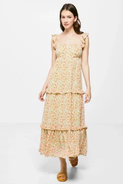 * Vestido Midi Paneles Volantes Estampado Verde Discount