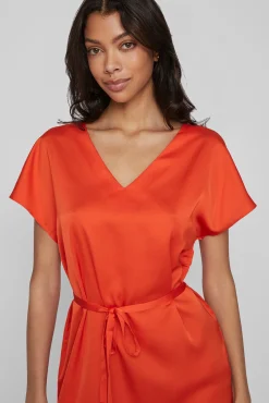 Vila Vestido Midi Satinado De Manga Corta Naranja Hot
