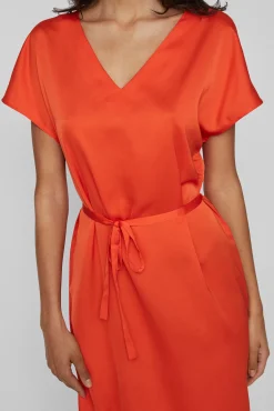 Vila Vestido Midi Satinado De Manga Corta Naranja Hot