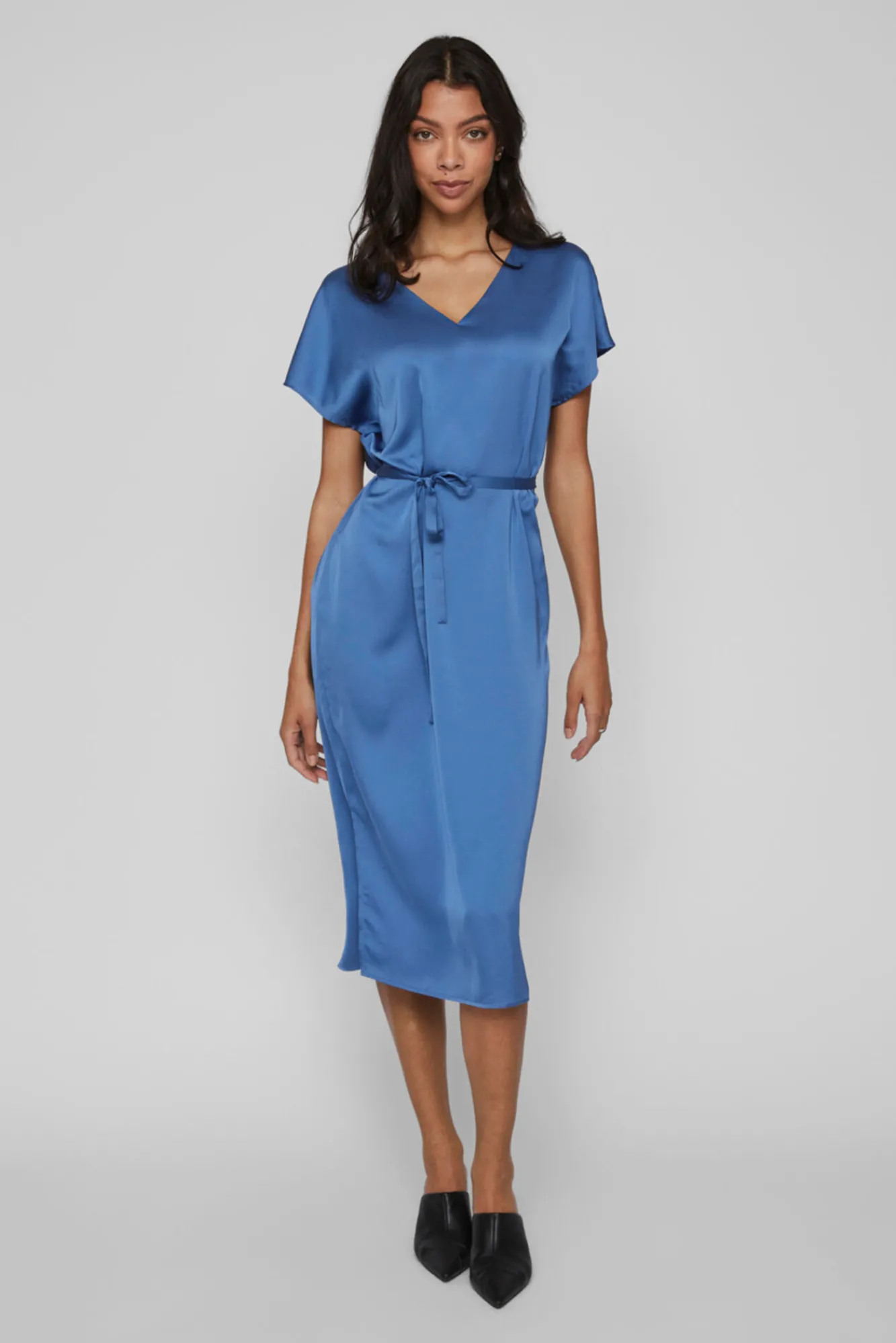 Vila Vestido Midi Satinado De Manga Corta Azul Best