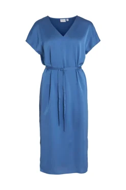 Vila Vestido Midi Satinado De Manga Corta Azul Best