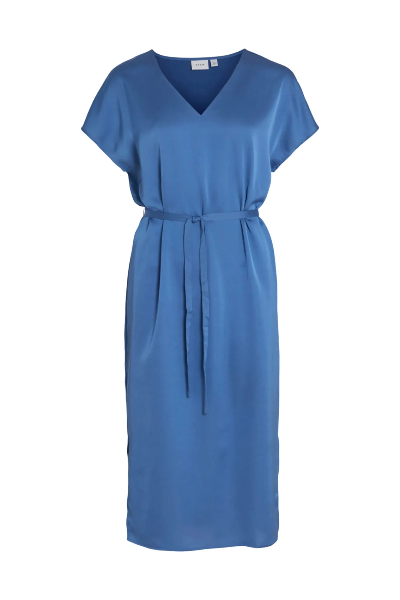 Vila Vestido Midi Satinado De Manga Corta Azul Best
