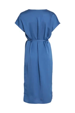Vila Vestido Midi Satinado De Manga Corta Azul Best