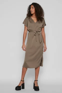 Vila Vestido Midi Satinado De Manga Corta Marron Outlet
