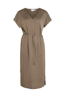 Vila Vestido Midi Satinado De Manga Corta Marron Outlet