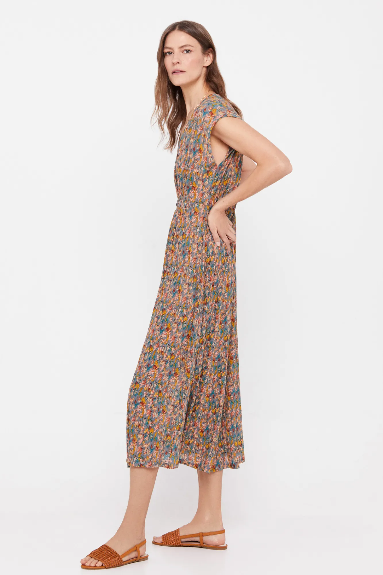 Cortefiel Vestido Plisado Estampado Estampado Blanco Online