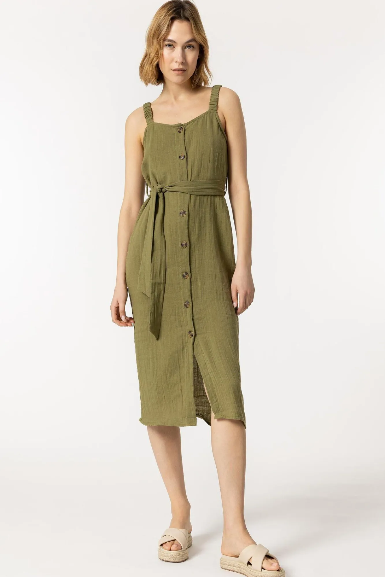 Tiffosi Vestido Rustico Con Cinturon Verde Sale