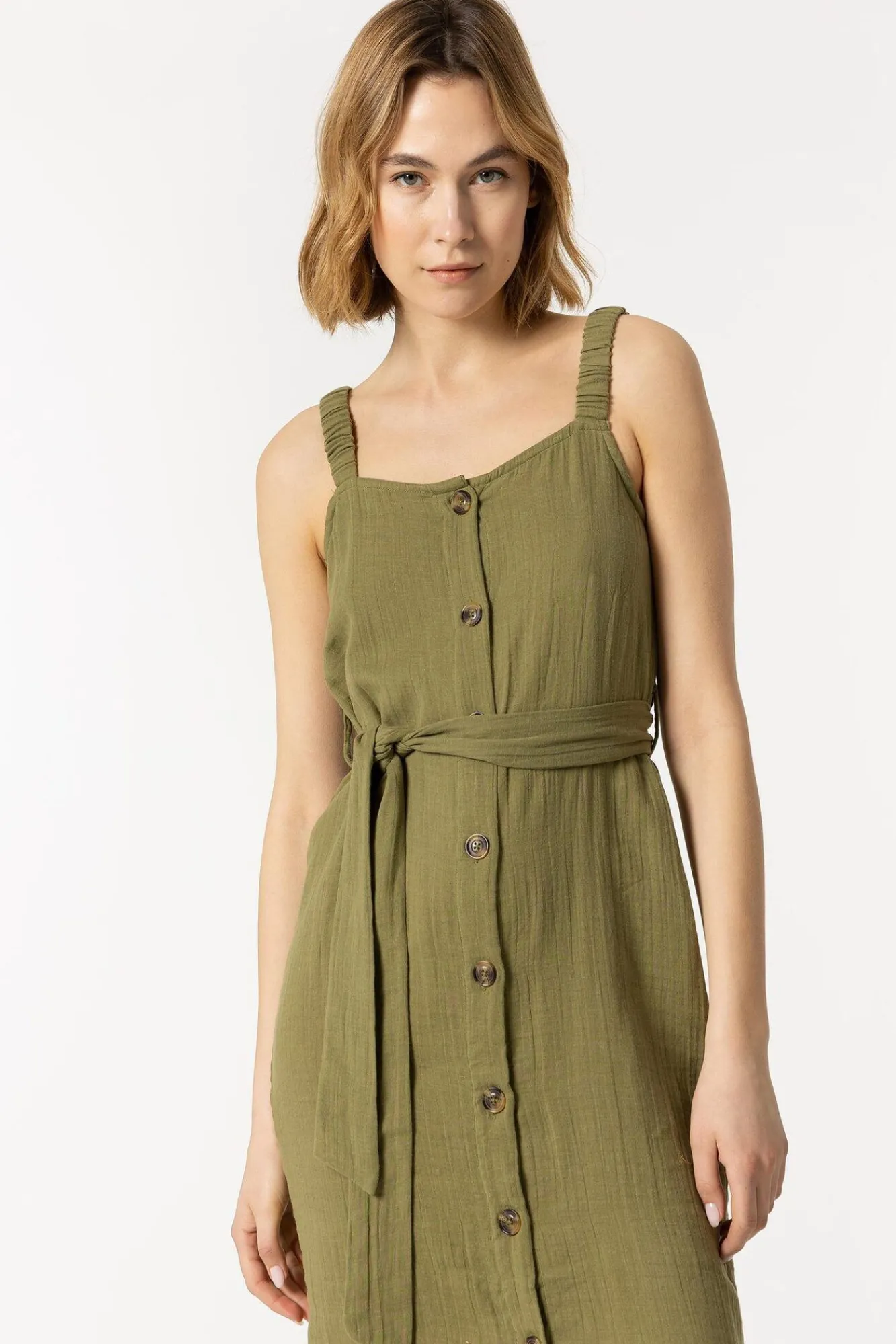 Tiffosi Vestido Rustico Con Cinturon Verde Sale