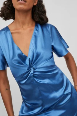 Vila Vestido Satinado De Manga Corta Azul Hot