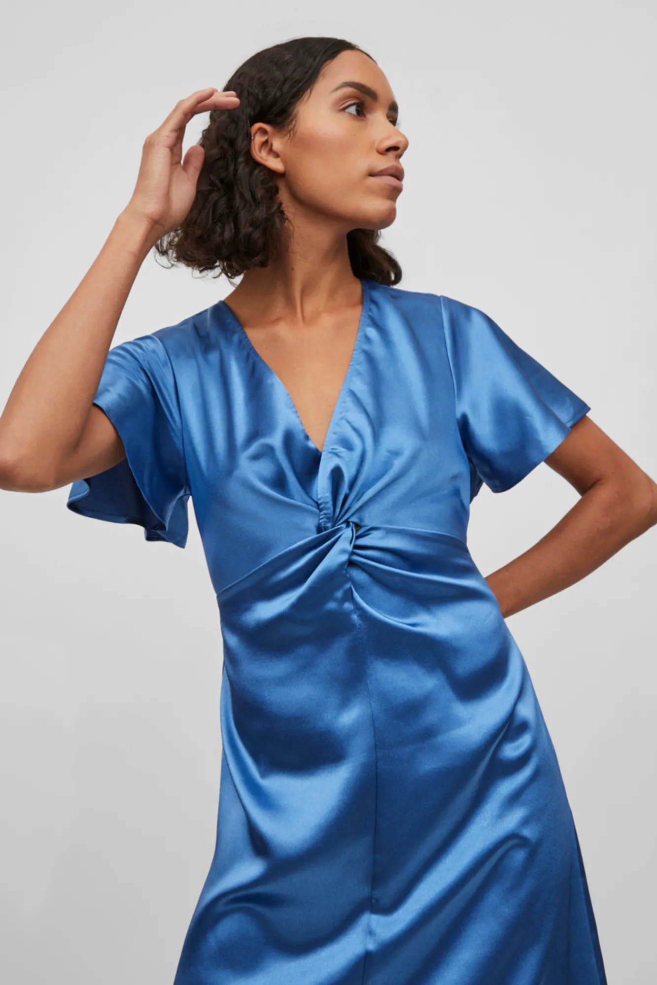 Vila Vestido Satinado De Manga Corta Azul Hot