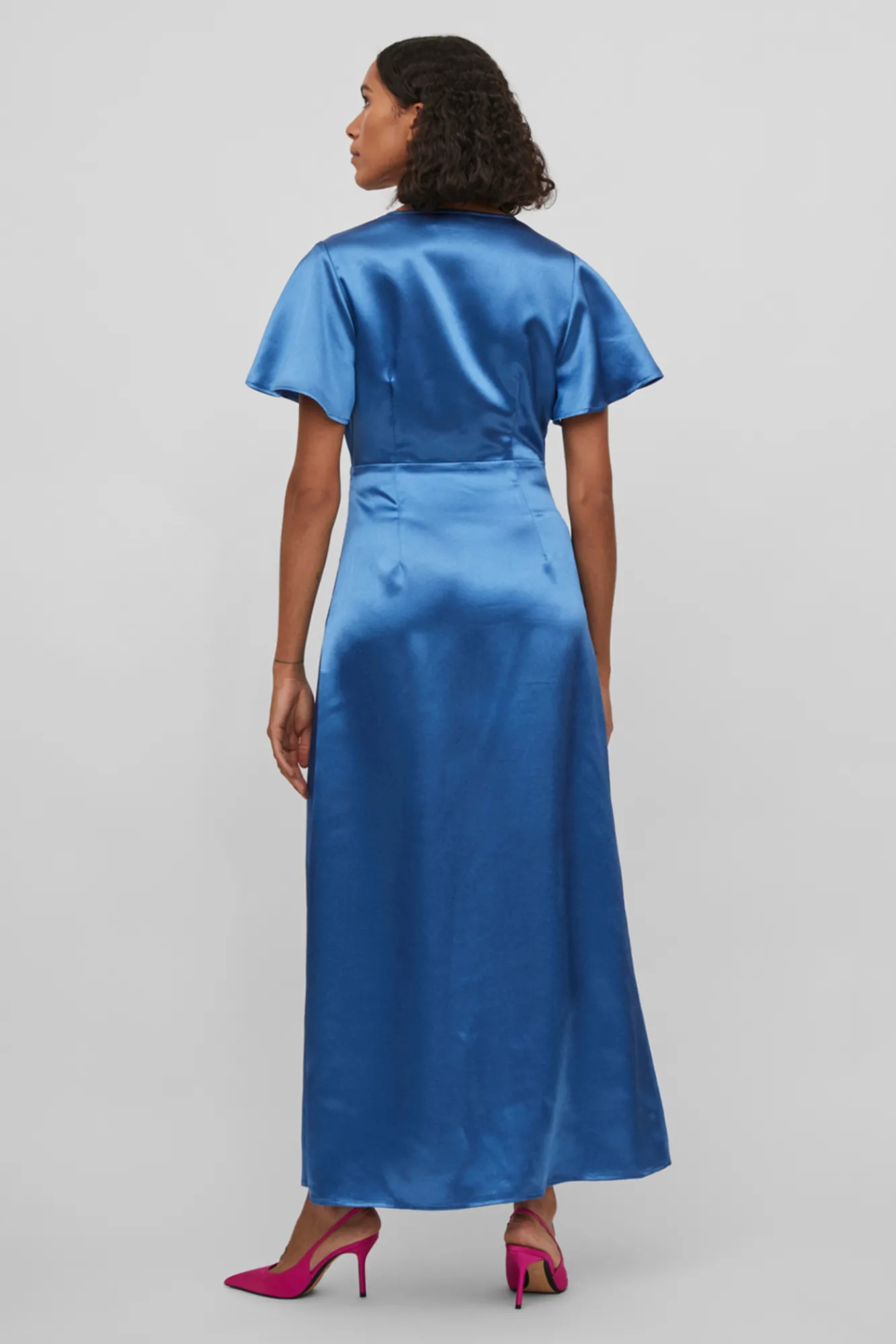 Vila Vestido Satinado De Manga Corta Azul Hot