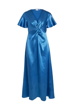 Vila Vestido Satinado De Manga Corta Azul Hot