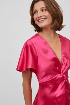 Vila Vestido Satinado De Manga Corta Rosa Sale